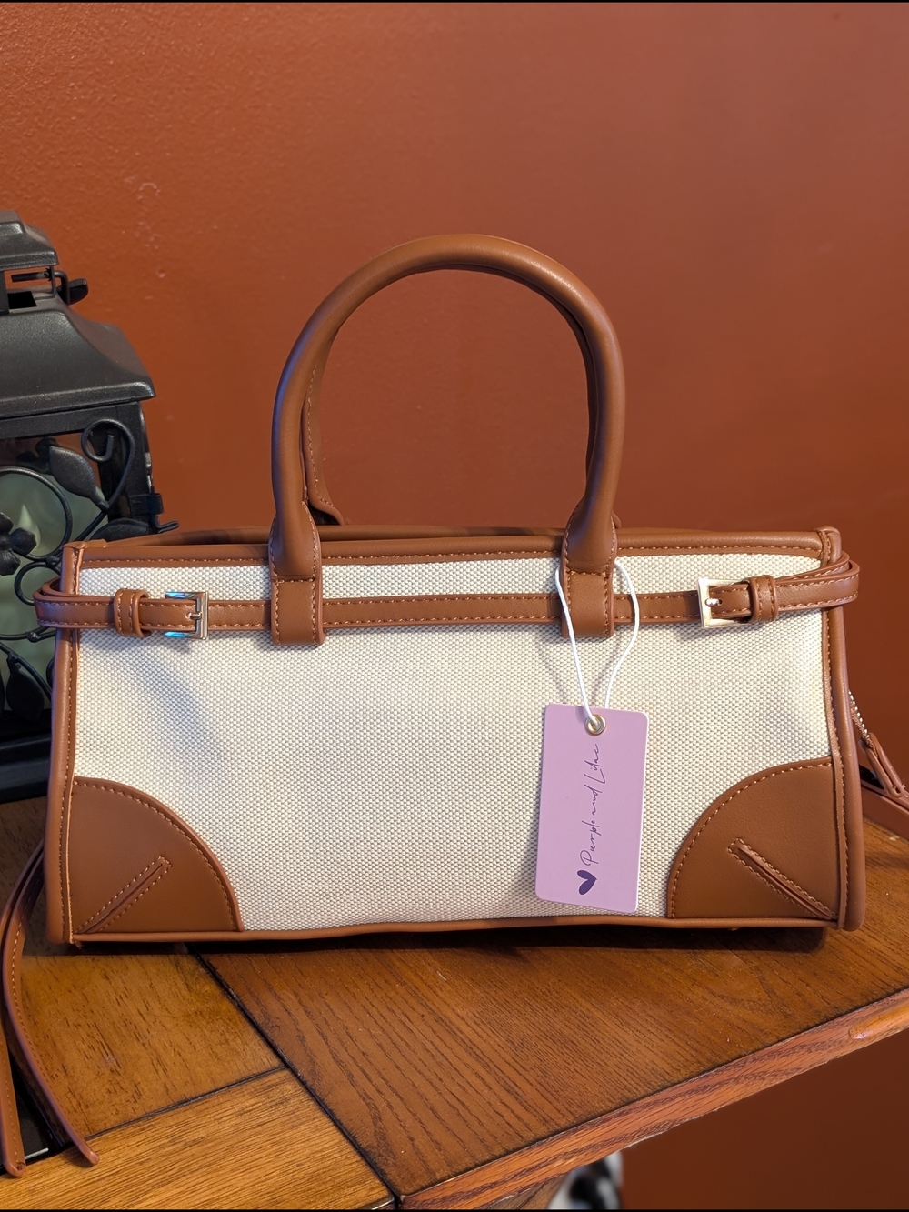 Cream Canvas Satchel with Brown Leather Trim Removal Adjustable Crossbody Strap